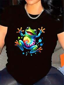 Camiseta de Mujer con Estampado de Rana Negra - Top Ligero de Manga Corta y Cuello Redondo con Diseño Multicolor de Rana y Salpicaduras, Cómoda y Casual, Ideal para Casa, Café o Exteriores - Ropa Casual con Gráfico Divertido de Animales, Camiseta de Rana - Oscuro - Ver 1