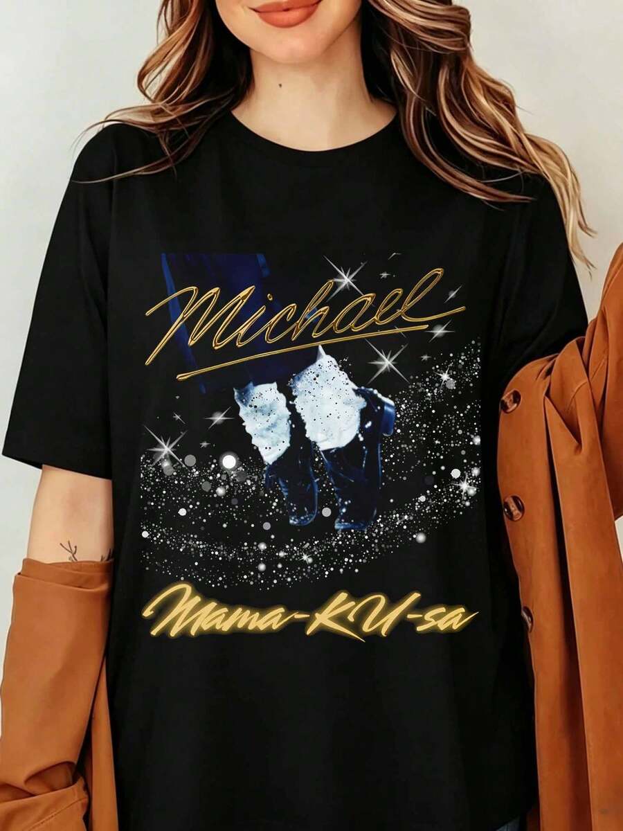 Michaels Jacksons's King Of Pop Mama-Koo-Sa Sparkly Glove Graphic Print Black T-Shirt, Michael Signature Graphic T-Shirt, Retro Photo Design With Legs - Black - View 1