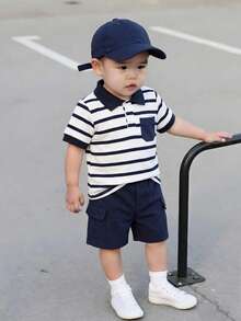 Baby Boys' Summer New Striped Pocket Short Sleeve Polo Shirt + Casual Solid Color Shorts Set, Suitable For Beach Vacation - Royal Blue - View 1