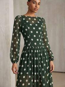 Vestido elegante de manga larga, de gasa con lunares, de estilo vintage y ligero - Verde 2 - Ver 2