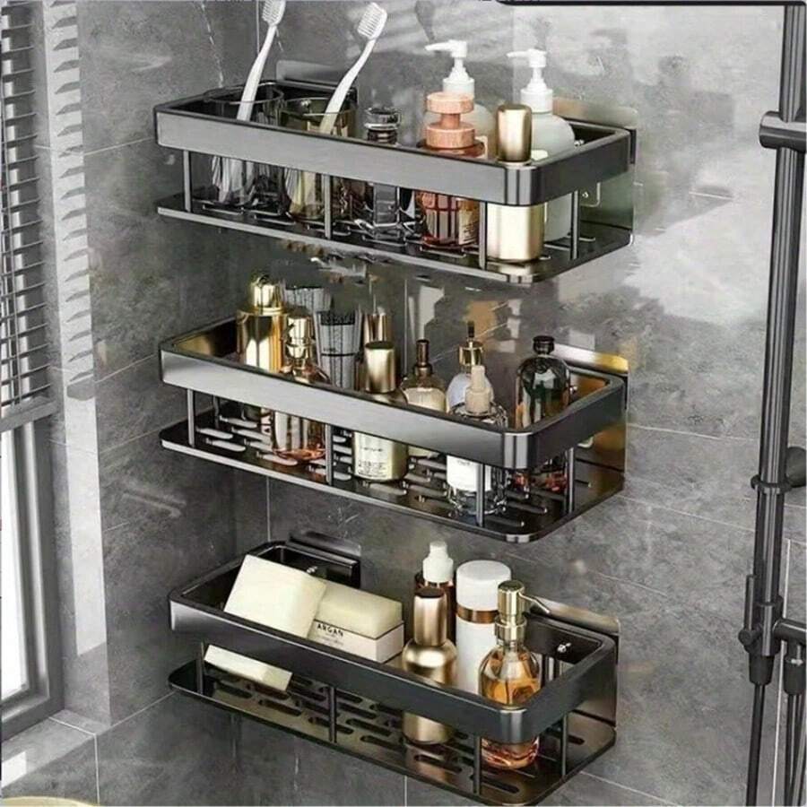 1/2/3 Pcs Black Wall-Mounted Bathroom Shelves - No Drilling Required, Space-Saving Adhesive Storage Racks For Conditioner, Hair Products, Easy Drainage Design, Modern Bathroom Storage Solution