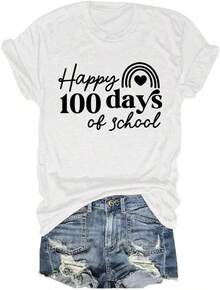 Women's Love Heart Print T-Shirts, Teacher's Day Gift Shirts, Teacher Life T-Shirts, Happy 100 Days Of School Summer Shirt, Short-Sleeve T-Shirt / Short-Sleeve Tee - 白色 - 查看 1