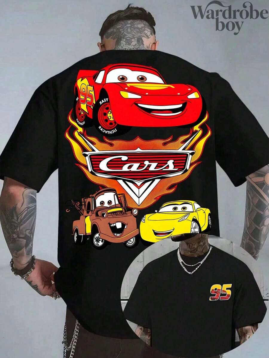 Disney Cartoon Short-Sleeve T-Shirt, Disney Cars Lightning McQueen Pattern T-Shirt. Unisex. Very Suitable For Family Trips And Vacations. This Is A New Short-Sleeve T-Shirt For 2026. Made Of High-Quality Pure Cotton, Comfortable And Breathable. Exquisite Design, The First Choice For A Gift. - 黑色 - 查看 1