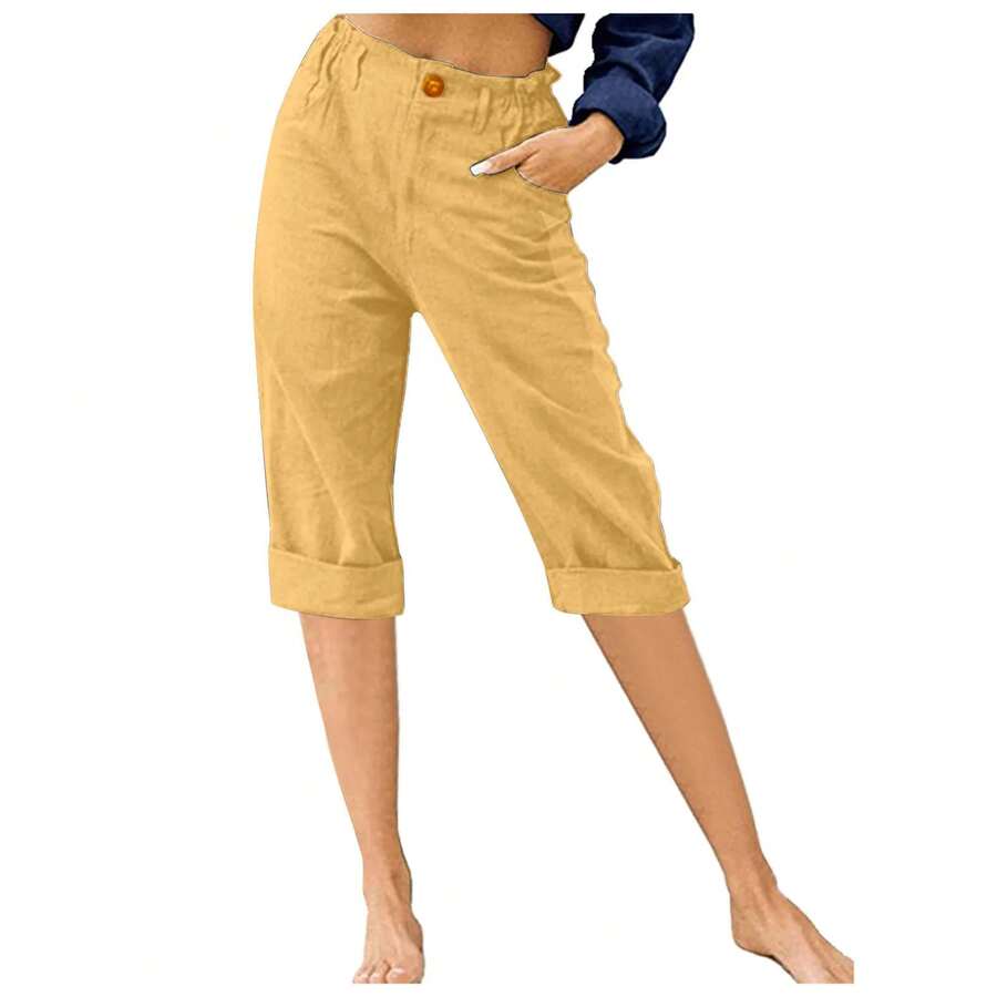 Pantalones pitillo de cintura elástica para mujer, pantalón informal, ajustado y transpirable, estilo Retro, novedad de verano, 2024 - Amarillo - Ver 1