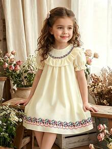 1pc Girls Casual Floral Print Soft & Comfortable Woven Fabric Bubble Short Sleeve Mid-Length Dress, Suitable For Outdoor Wear, Spring/Summer - Apricot - View 1