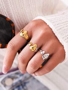 Uself 3 pezzi/1 pezzo Set di anelli a goccia asimmetrici placcati in oro 18K in acciaio inossidabile 304, anelli con apertura irregolare lucidati, adatti per uso quotidiano, feste, regali per le vacanze per le donne, gioielleria da donna, gioielleria occidentale, marchio da donna - Multicolore - Visualizzare 7
