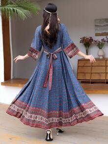 Đầm maxi phong cách Bohemian cổ điển thêu họa tiết, thích hợp cho kỳ nghỉ và du lịch mùa xuân. - Màu xanh hải quân - Xem 2