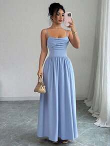 YHHElenzga Vestido elegante y romántico para invitadas de boda, damas de honor, de gasa con tirantes de espagueti, cintura ceñida y fluidoYHH - Niebla azul - Ver 3
