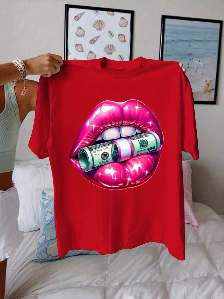Talla grande, camiseta de mujer tipo  con estampado de labios, estilo europeo y americano, moda de talla grande, cuello redondo y manga corta - [Rojo] - Ver 1