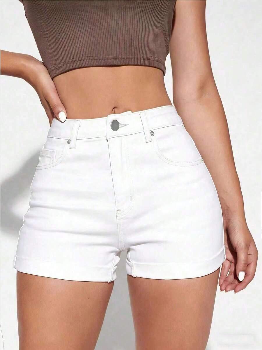 Shorts vaqueros casuales con bolsillos y puños para mujer - Blanco - Ver 1