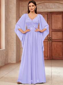 MIUSOL 深V领亮片拼接花卉蕾丝雪纺正式派对长裙，优雅女士派对礼服 - 淡紫色 - 查看 4
