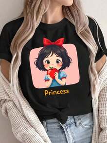 Minimalist Women's Anime Princess Pattern Short Sleeve T-Shirt - Casual Round Neck, Spring Summer Cartoon Print Top, Anime T-Shirt, Summer Outfit, Fun Design, Durable Construction, Printed Top, Women's Fashion, Comfortable Fit, Short Sleeve Top, Adult Clothing - 黑色 - 查看 1