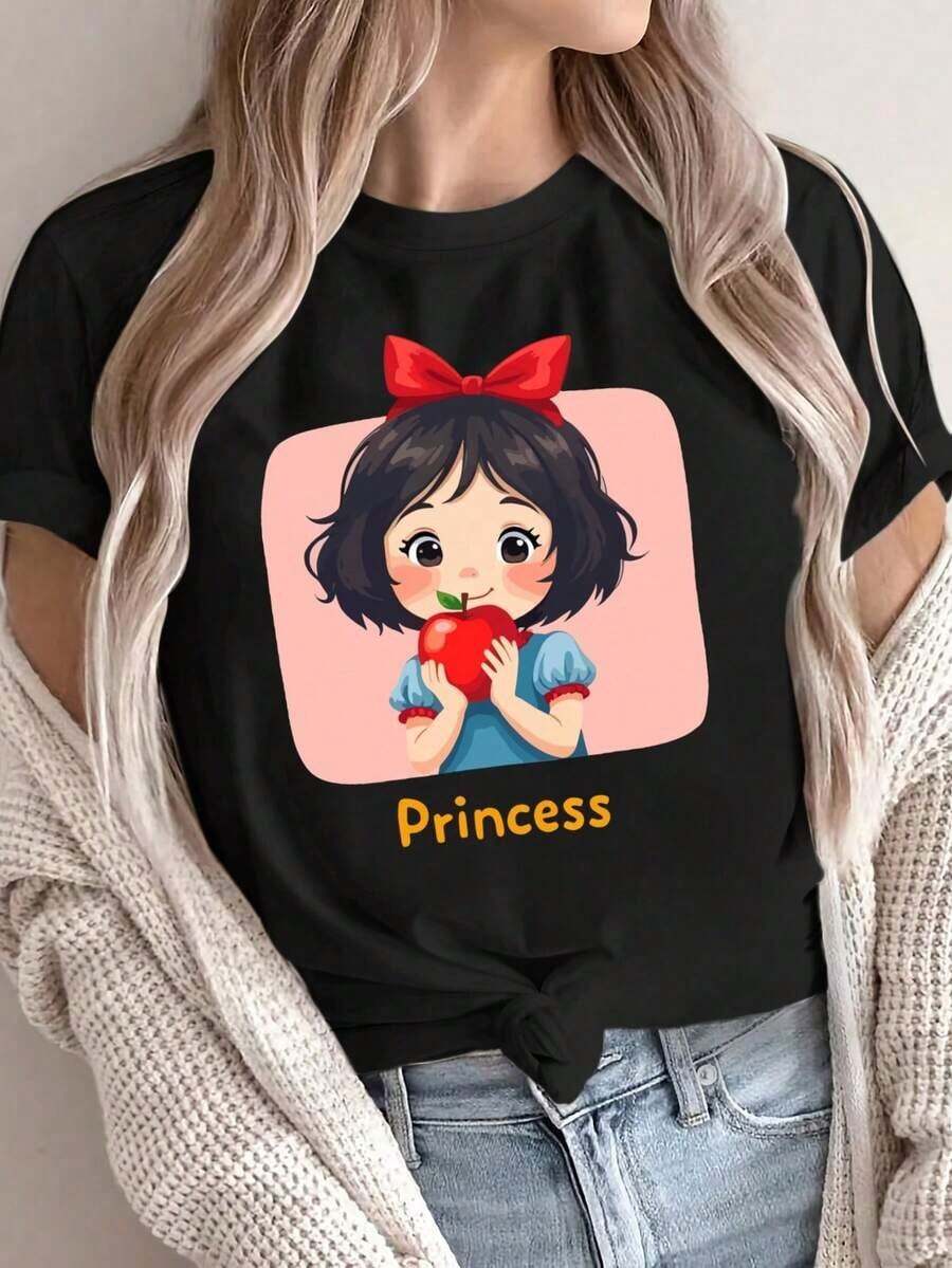 Minimalist Women's Anime Princess Pattern Short Sleeve T-Shirt - Casual Round Neck, Spring Summer Cartoon Print Top, Anime T-Shirt, Summer Outfit, Fun Design, Durable Construction, Printed Top, Women's Fashion, Comfortable Fit, Short Sleeve Top, Adult Clothing - 黑色 - 查看 1