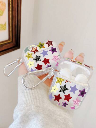 1pc Colorful Star Print Transparent Anti-Drop Earphone Case, "My Lucky Star" Slogan Earphone Case, Comes With Earphone Case Hook, Anti-Drop TPU Protective Cover, Sweet Girl Style Accessory Gift, Compatible With Earphone Case 1/2/3/4/Pro/Pro3, Daily Essential Earphone Accessory, Fast Shipping