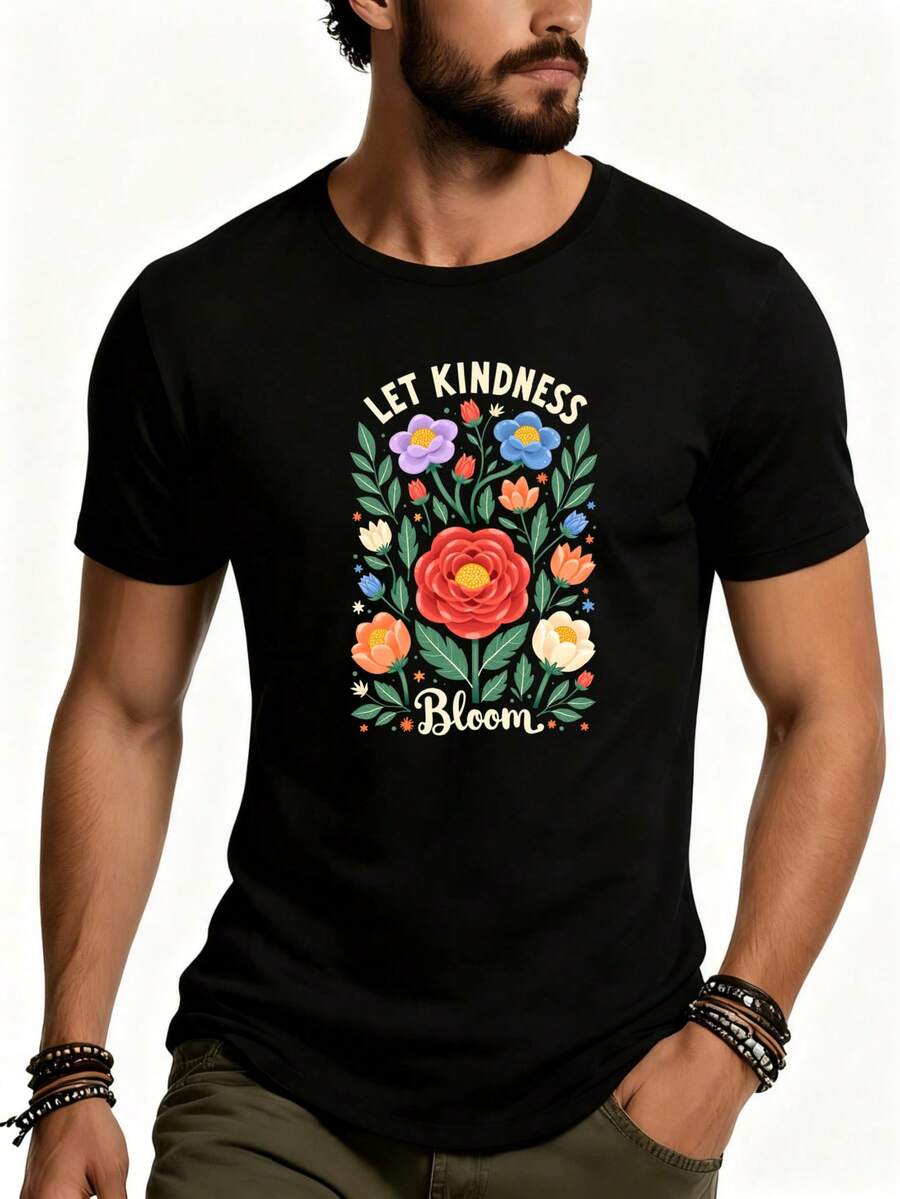 Men's Casual Floral Print T-Shirt "Let Kindness Bloom" Summer Gift For Him. - Black - View 1
