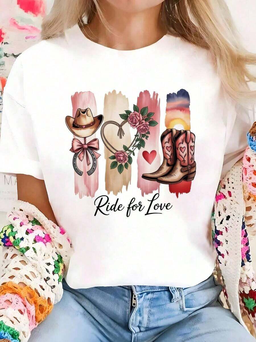 "Ride For Love" Cowboy Boots And Roses Print T-Shirt - Women's Romantic Country Style T-Shirt, Short Sleeve Round Neck Vintage Western Fashion Top, Cool Summer Blouse Ideal For Concerts And Everyday Wear - 白色的 - 查看 1