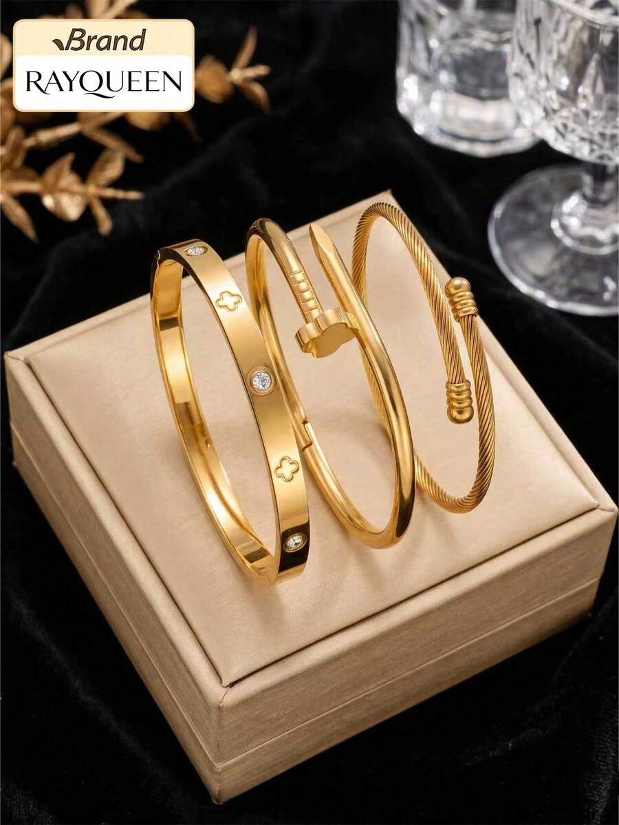 RAYQUEEN Versatile Stainless Steel Flower & Four-Leaf Clover Design Gold Bracelet Jewelry Set, Suitable For Daily Wear And Gift - Yellow Gold - View 1