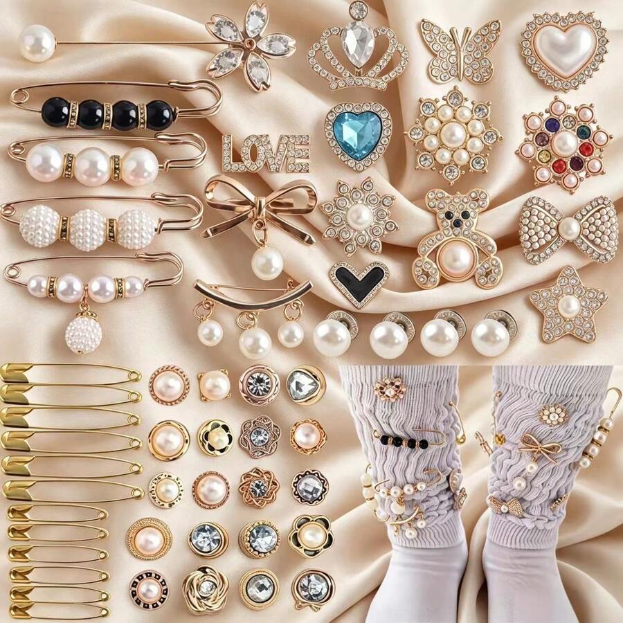 55pcs Gold Sparkling Sock Accessories Set - Pearl & Rhinestone Brooches, For Socks, Shoes, Hats | Perfect Decoration Choice (No Box) Dress Accessories Pin For Clothes Bag Charm School Office Accessories Shirts Jacket Jewelry Christmas Halloween Clothes Pin Funny Cute Teacher Gifts