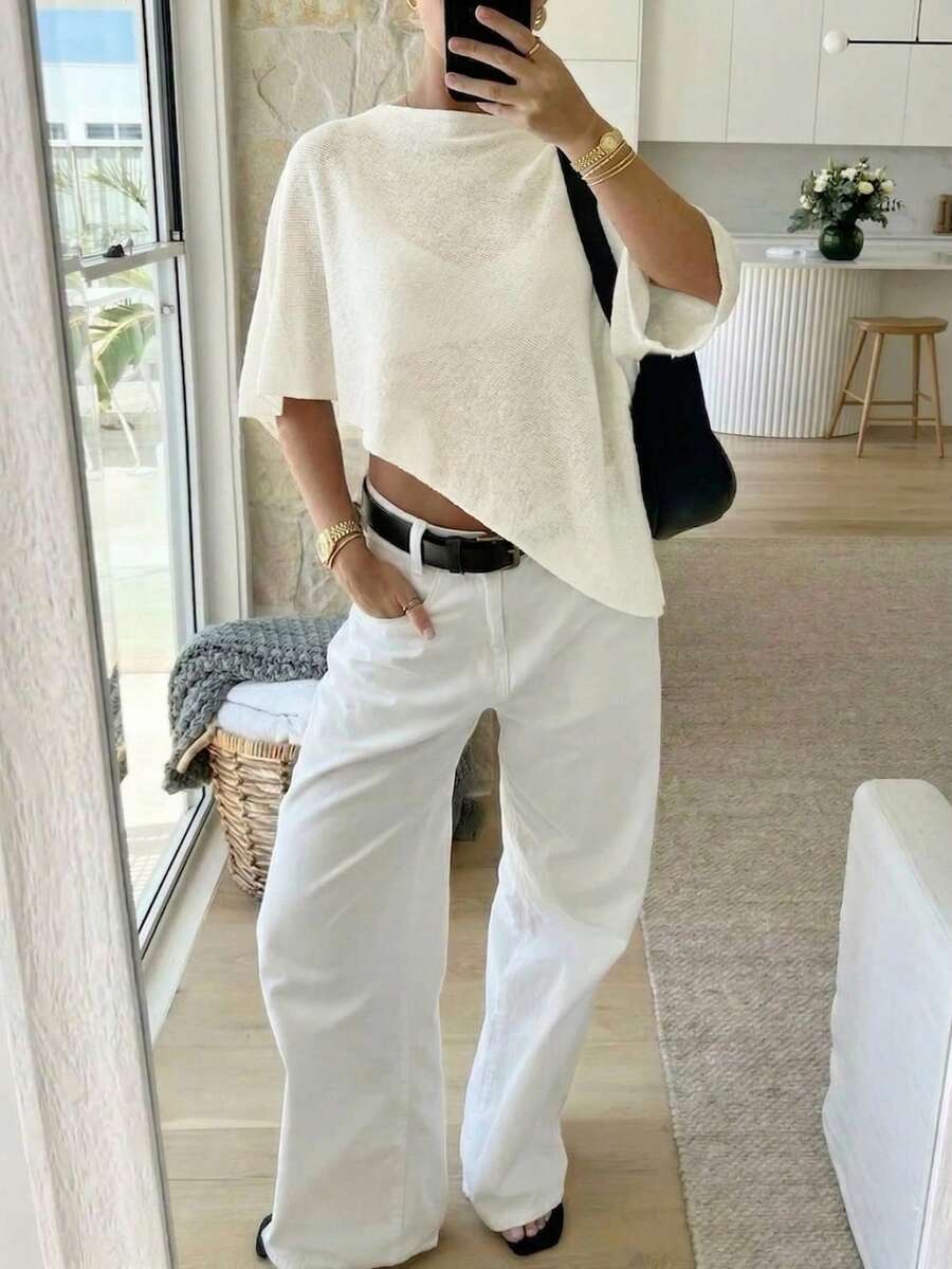 2026 Spring/Summer Women's Solid Color Round Neck Asymmetrical Hem Casual Versatile Vacation Cover Up - Apricot - View 1