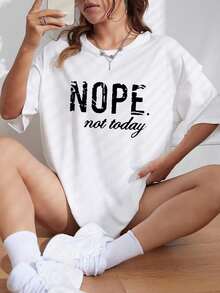 100% Cotton T-Shirt With Letter Print And Dropped Shoulders, Graphic T-Shirts For Women. - 白色 - 查看 3