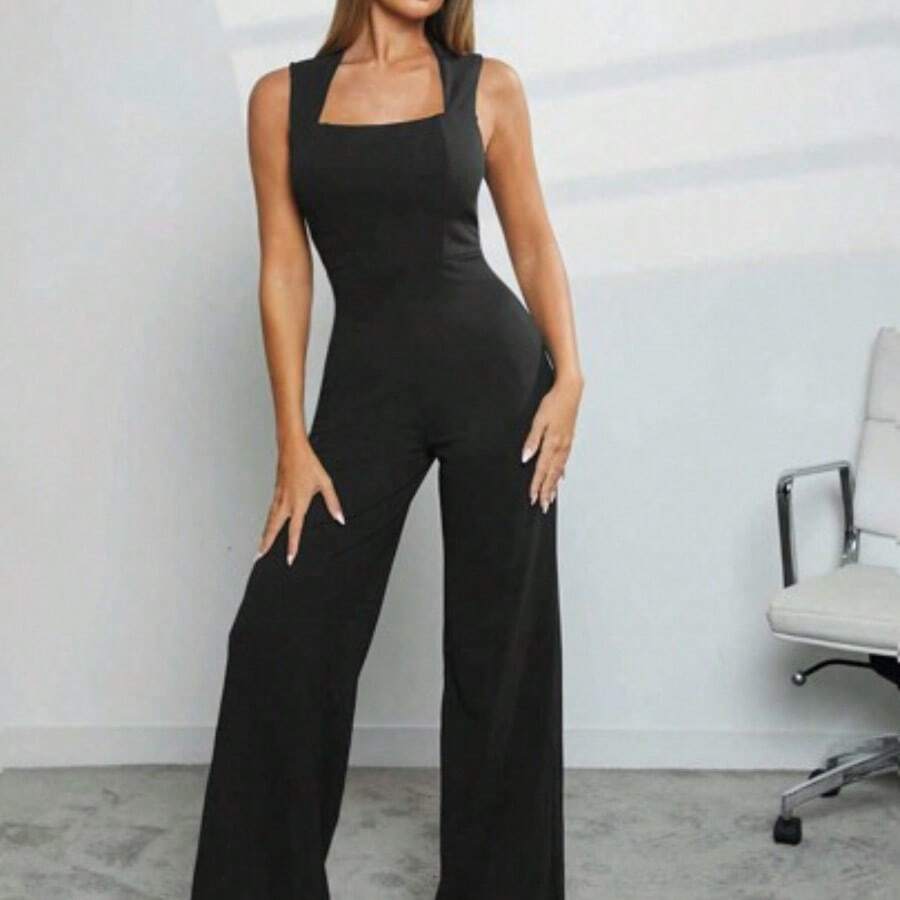 Haute Women's Solid Square Neck Sleeveless Wide Leg Jumpsuit - Negro - Ver 1