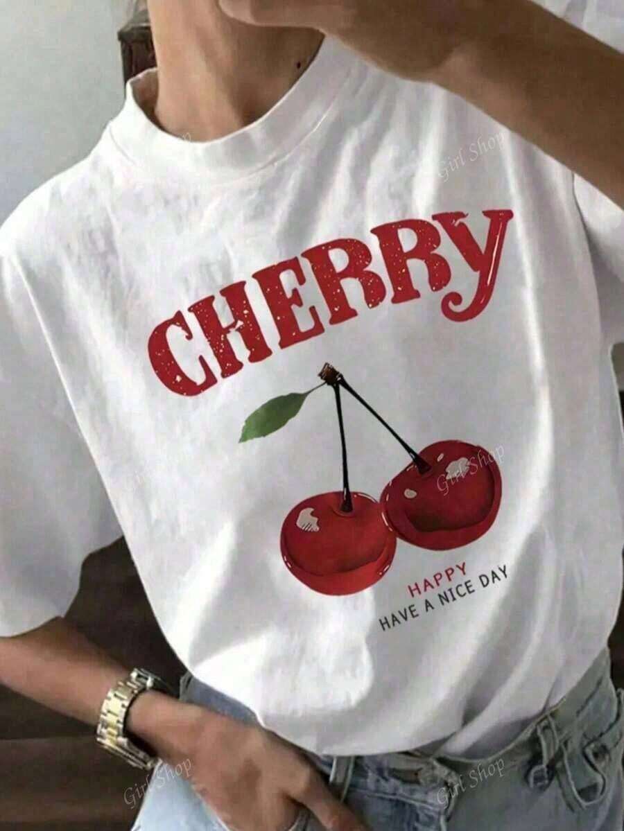 Blusa Casual para Mujer con Estampado de Cerezas, Diseño de Frutas, Corte Holgado, Cuello Redondo, Manga Corta, para Primavera y Verano, Uso Diario, Holgada y Cómoda - Blanco - Ver 1