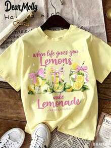 DEAR MOLLY Camiseta de Mujer con Estampado de Limonada "Cuando la Vida te da Limones", Camiseta Casual Retro con Estampado de Limones, Cuello Redondo y Manga Corta, Adecuada para Verano, Vacaciones y Uso Diario, Camisetas Casuales Unisex - Negro - Ver 4