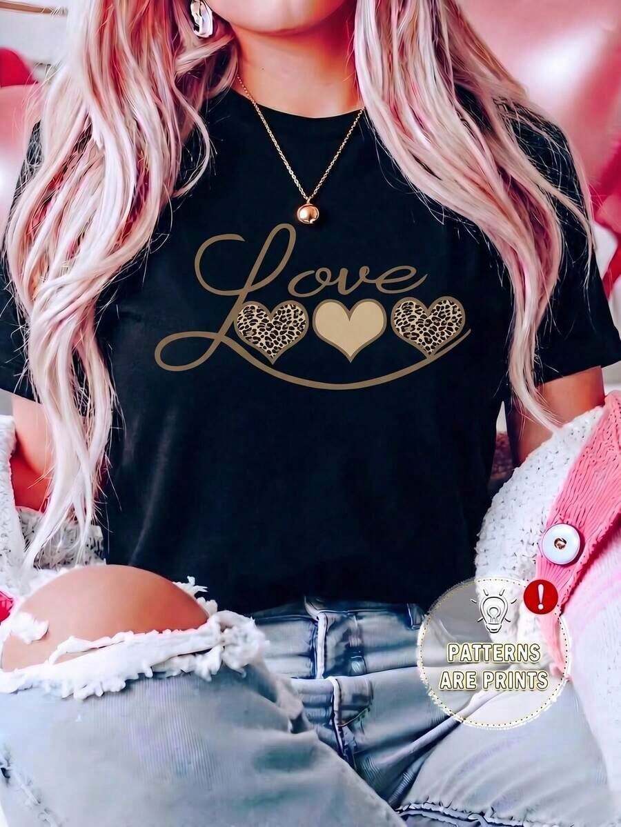 100% cotton Camiseta Casual para Mujer, Cuello Redondo, Manga Corta, Largo Regular, con Estampado de Leopardo y Gráfico de Corazón - Negro 2 - Ver 1