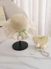2pcs/Set Girls 2-8Y Tulip Flower Mesh Ruffle Sun Hat & Crossbody Bag Set, Cute Children Summer Beach Sun Hat, Suitable For Outdoor Travel Birthday Gift - 1 Set: Straw Hat + Bag - View 6