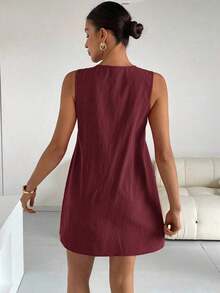 Vestido corto casual y sencillo sin mangas con lazo frontal de unicolor para mujer - Burdeos - Ver 2