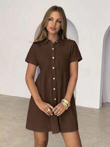 Vestido corto casual de mujer de unicolor con botones delanteros, para verano - Marrón - Ver 7