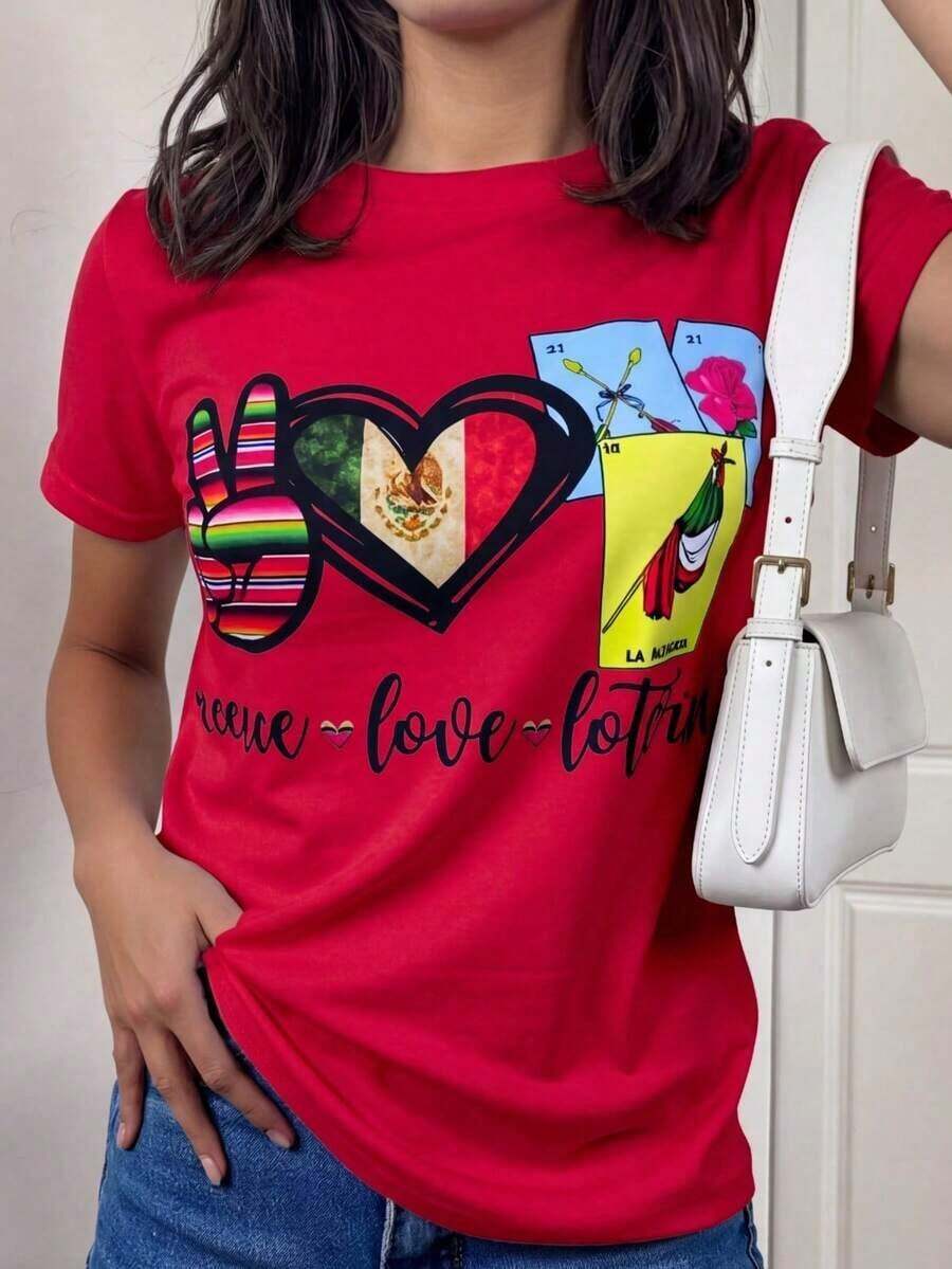 Women's Graphic T-Shirt, Short Sleeve, Round Neck, Casual, Comfortable, Cool, Lightweight, Modern, Youthful, Regular Fit, Mexican Lottery Print, Viva Mexico, Heart, Cards, Pink, Flower - 紅色的 - 查看 1