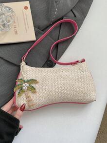Small Fashionable Solid Color Maple Leaf Decor Woven Crescent Tote Bag, Versatile Handbag, Beach Bag, Casual Woven Bag, Phone Pouch (Pendant Design May Vary) - Hot Pink - View 4
