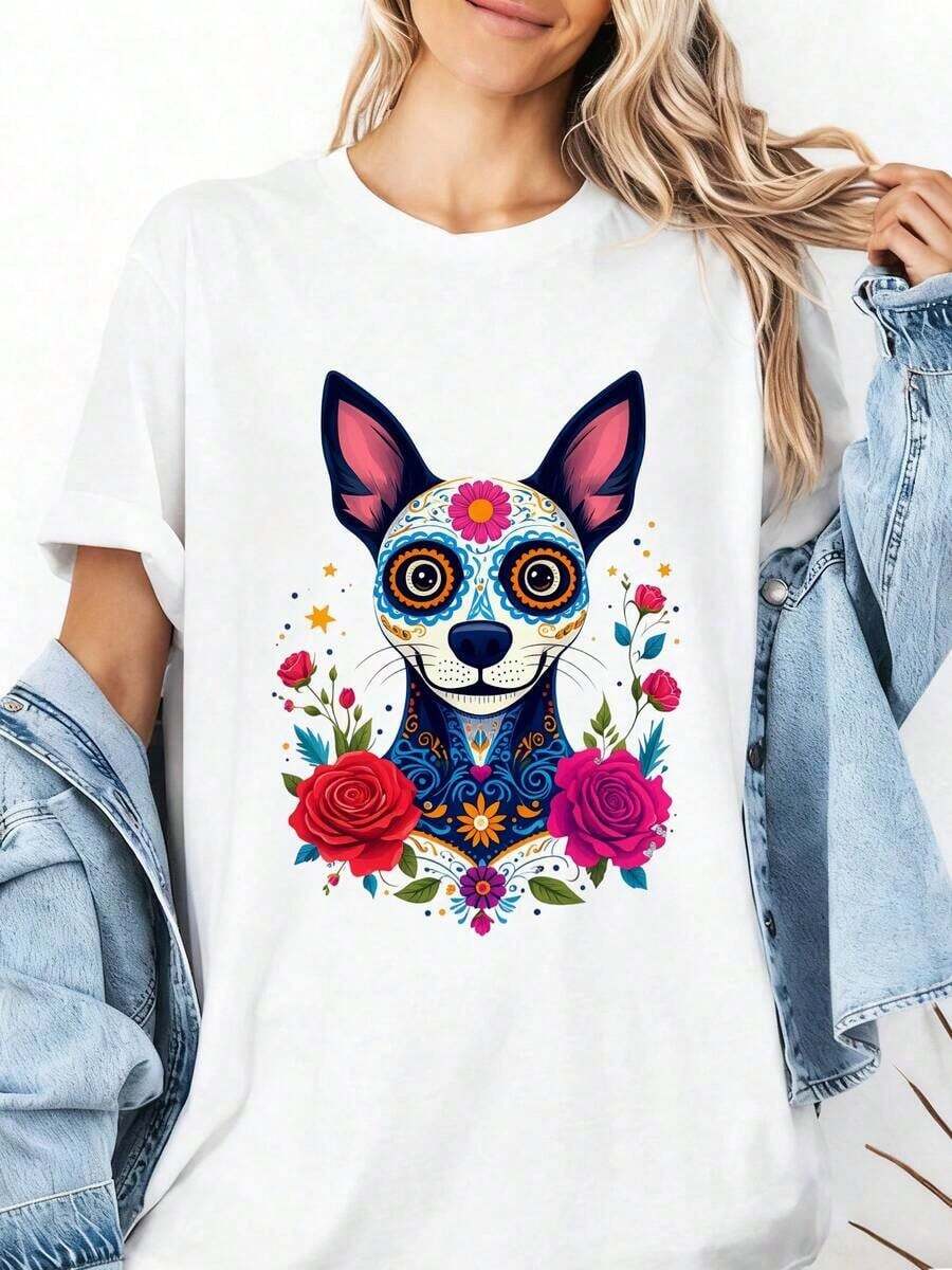 Women's T-Shirts Colorful Dog Sugar Skull Floral Art 100% Breathable. All Kinds Of Prints, Jacket, Round Neck T-Shirt, Casual, For Office, For Travel, Very Popular, Sporty Style, Print/Pattern, 100% Cotton T-Shirt, Casual T-Shirt, Comfortable, Soft, Breathable. The Latest Popular Bestseller - 白色 - 查看 1