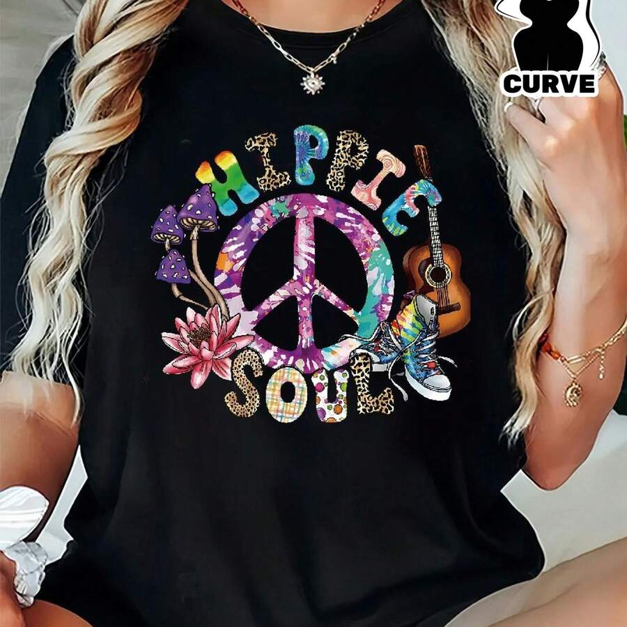 Talla grande, camiseta chic de San Valentín para mujer de talla grande, casual, de poliéster, con cuello redondo, estampado de personaje de dibujos an - Negro - Ver 1