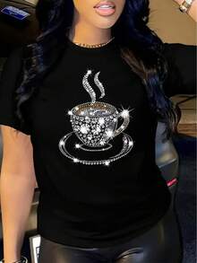 Women's Short Sleeve Cotton T-Shirt With Vibrant Coffee Graphic Print And Round Neck - Casual Short Sleeve T-Shirt For Women For Spring And Summer - Soft, Breathable And Comfortable Women's Clothing For Casual Outfits. - 黑色 - 查看 2
