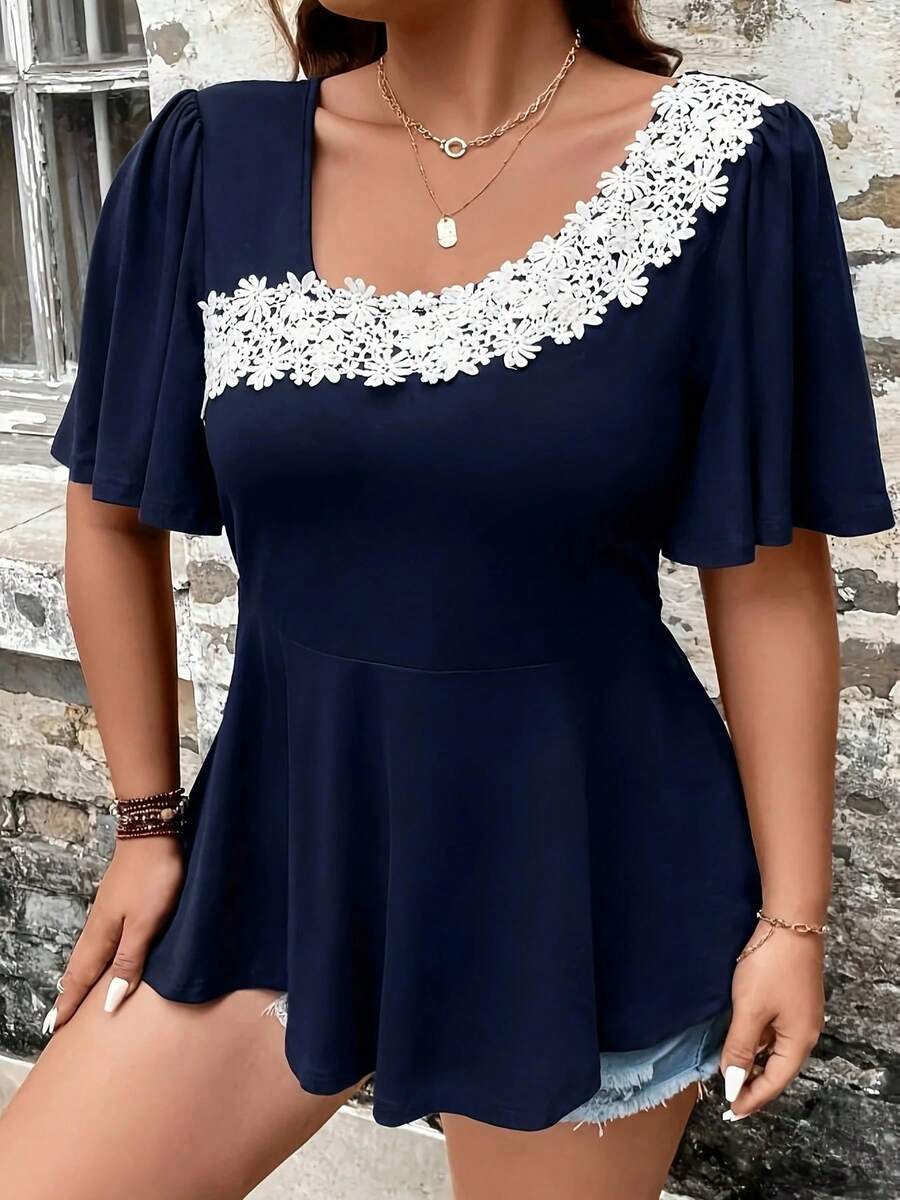 Camisa de estilo europeo y americano para mujer, Tops informales con cuello de volantes, ropa curva, talla grande, Verano - Azul marino - Ver 1