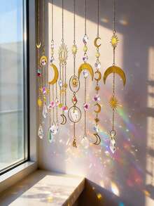 1pc Celestial Crystal Wind Chime Star Moon Gold Pendants With Rainbow Crystals Hanging Home Decor Mystical Sun And Moon Design Boho Chic Pendant Spiritual Energy Healing Crystal For Living Room Bedroom Yoga Space Meditation Spiritual Altar Decor Mystical Dreamcatcher Style Home Accent Energy Pendant For Positive Vibes And Spiritual Growth Bohemian Wall Decor With Sun Star Design Boho Room Hanging Ornament For Home Styling - Style H - View 3
