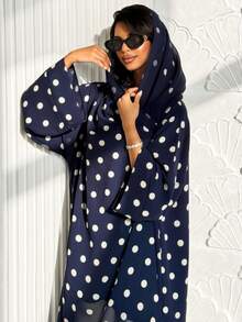 Bộ 2 món: Khăn trùm đầu + Áo choàng Abaya dáng rộng, áo khoác cardigan in họa tiết kín đáo, phù hợp cho phụ nữ Hồi giáo mặc hàng ngày. - Nhiều màu - Xem 5