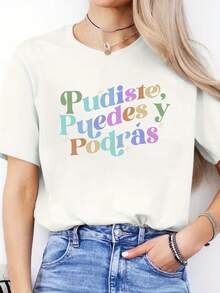 Camiseta Deportiva Casual de Manga Corta con Cuello Redondo y Estampado de Letras en Español para Mujer, Primavera-Verano - Blanco - Ver 6