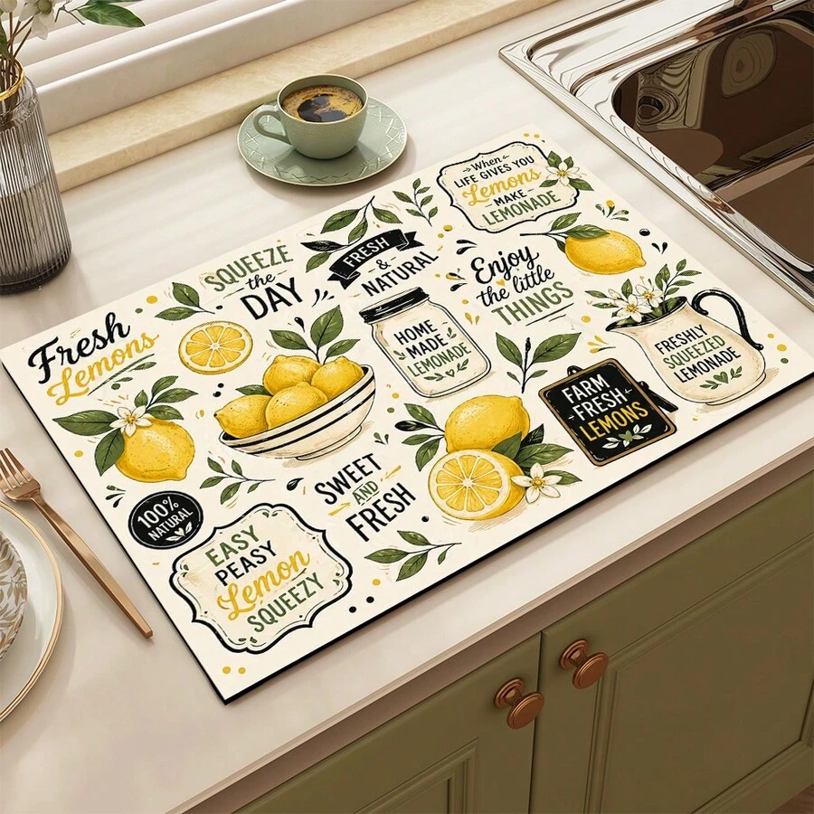1pc Lemon Pattern Absorbent Drying Mat, Kitchen Decor Coffee Machine Pad, Beverage Coaster, Bowl Dish Drying Mat, Handmade Coffee Pot Drainer, Kitchen Floor Mat, Placemat, Tabletop Dish Drying Pad, Breakfast Mat, Heat-Resistant Anti-Slip Drying Mat, Diatomite Draining Pad, Hides Stains, Super Absorbent Kitchen Mat, Easy To Clean Dish Rack Mat, Suitable For Kitchen, Dining Table, Cafe, Bar, Holidays, Parties, Home Decor, Holiday Gifts - Multicolor - View 1
