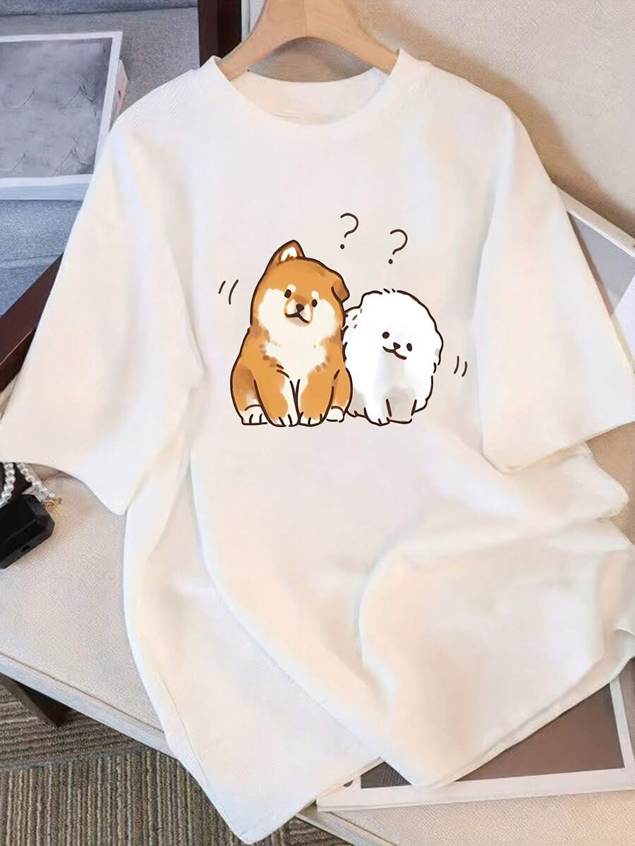 Women's Cartoon Print T-Shirt, Round Neck, Short Sleeve, Loose Fit, Casual Summer Style With Adorable Shiba Inu Design, Fashionable For All Seasons, Y2k Women's T-Shirt - 白色 - 查看 1