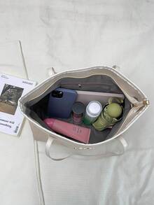 1 chiếc túi tote vải canvas phối màu, dung tích lớn, màu trắng, kiểu dáng mùa hè mới, trang trí nơ kim loại, dành cho nữ, có thể đeo vai. - trắng - Xem 5