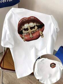 Camiseta Estilo Hip Hop con Estampado de Dientes Dorados, Manga Corta, Cuello Redondo, Top Casual para Primavera Verano, Ropa de Mujer Y2k - Blanco - Ver 10