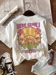 Women's Summer Casual Top, Pop Style, Floral Print "HERE COMES THE SUN", Short Sleeve T-Shirt With Round Neck, Breathable And Comfortable For Mother's Day - 白色 - 查看 6