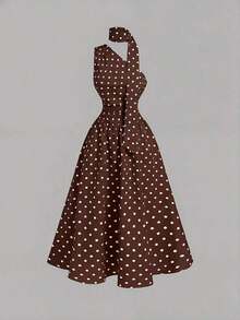 Vestido de verano de longitud media sin mangas con estampado de lunares elegante para mujer - Marrón Chocolate - Ver 4