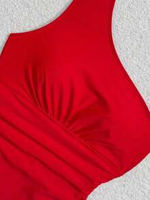 SVES Vaytide Traje de baño de una pieza elegante para mujer de unicolor con un hombro, tela brillante y volante en la cintura - Rojo - Ver 5