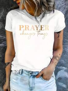 Camiseta casual de manga corta para mujer para Halloween, 1 pieza, 100% algodón grueso - Cuello redondo cómodo, top suave y lindo. - Blanco - Ver 2