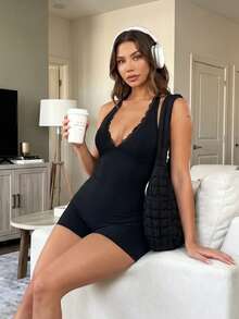 Bộ jumpsuit nữ mùa hè 2026 gợi cảm với ren, cổ yếm, cổ chữ V, hở lưng, cổ chữ V sâu, thích hợp cho tiệc tùng, thường ngày, yoga, tập thể dục. - màu đen - Xem 5