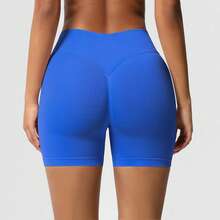 Pantalones cortos de ciclismo sin costuras que levantan el trasero para mujeres - Diseño de cintura alta, adecuados para yoga, correr y actividades al aire libre en verano - azul real - Ver 17